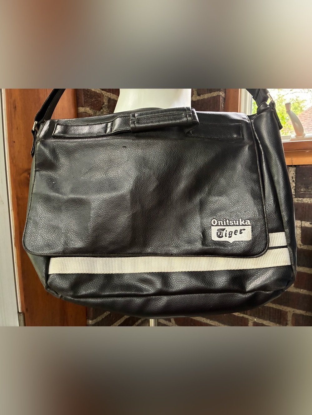 Onitsuka Tiger by Asics Black Messenger Bag with White Stripes and logo